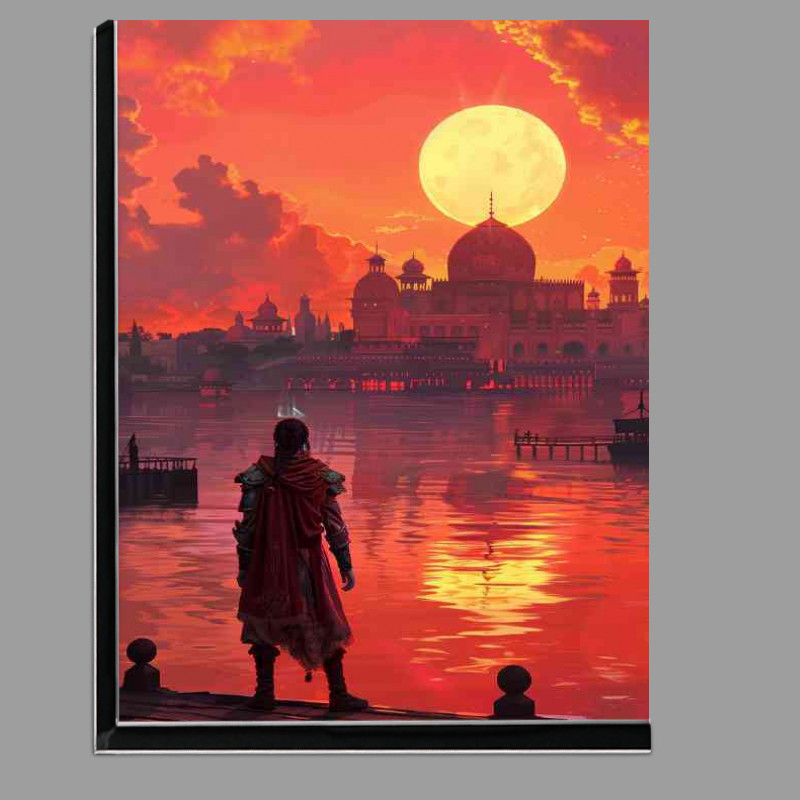 Buy Di-Bond : (Beautiful red sunset over the lake with an ancient building)
