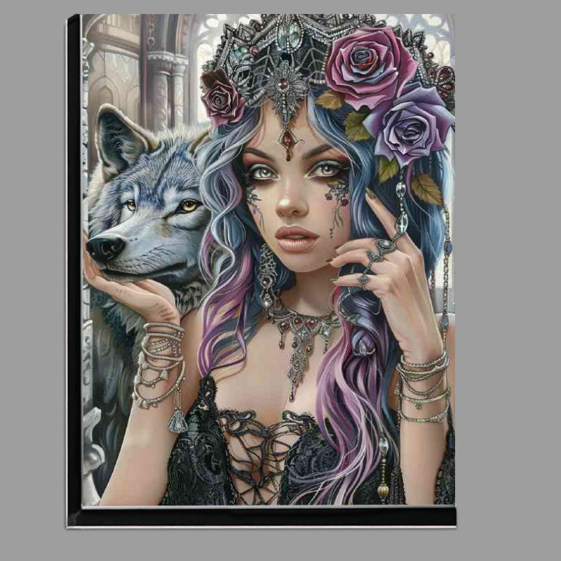 Buy Di-Bond : (Woman with roses in hair and grey wolf)