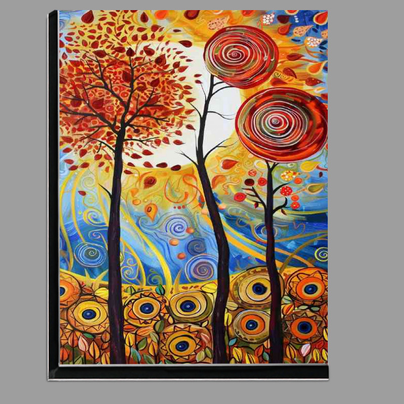 Buy Di-Bond : (A painting of trees with red leaves and the sun)