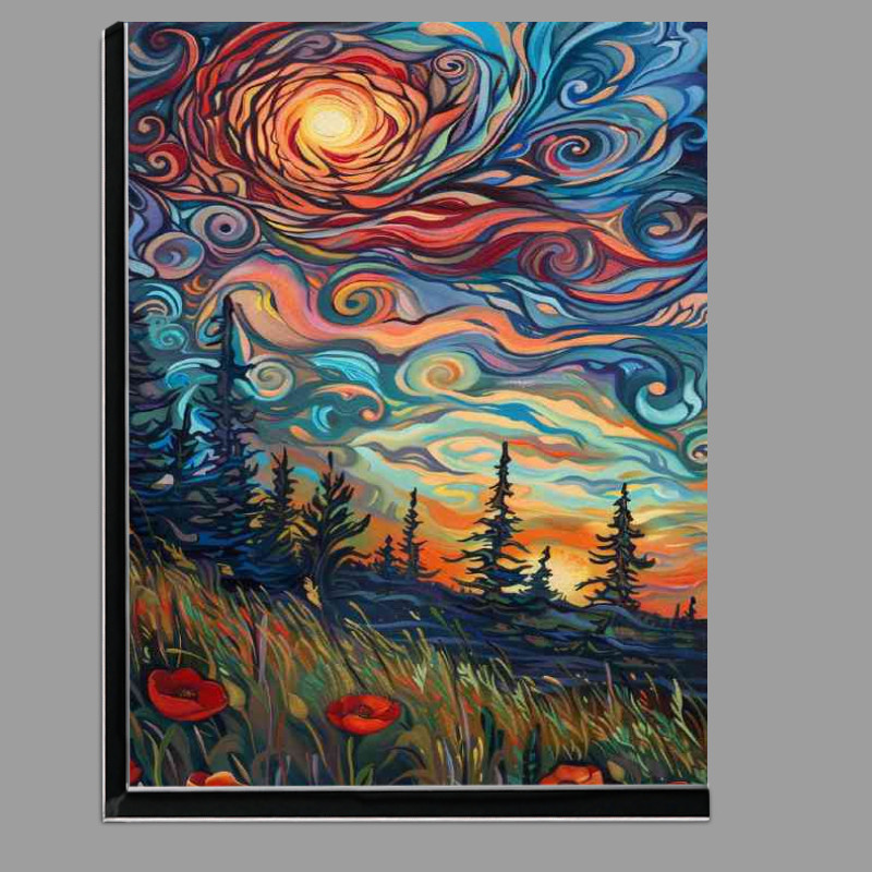 Buy Di-Bond : (Field of trees at sunset swirling sky and sun)