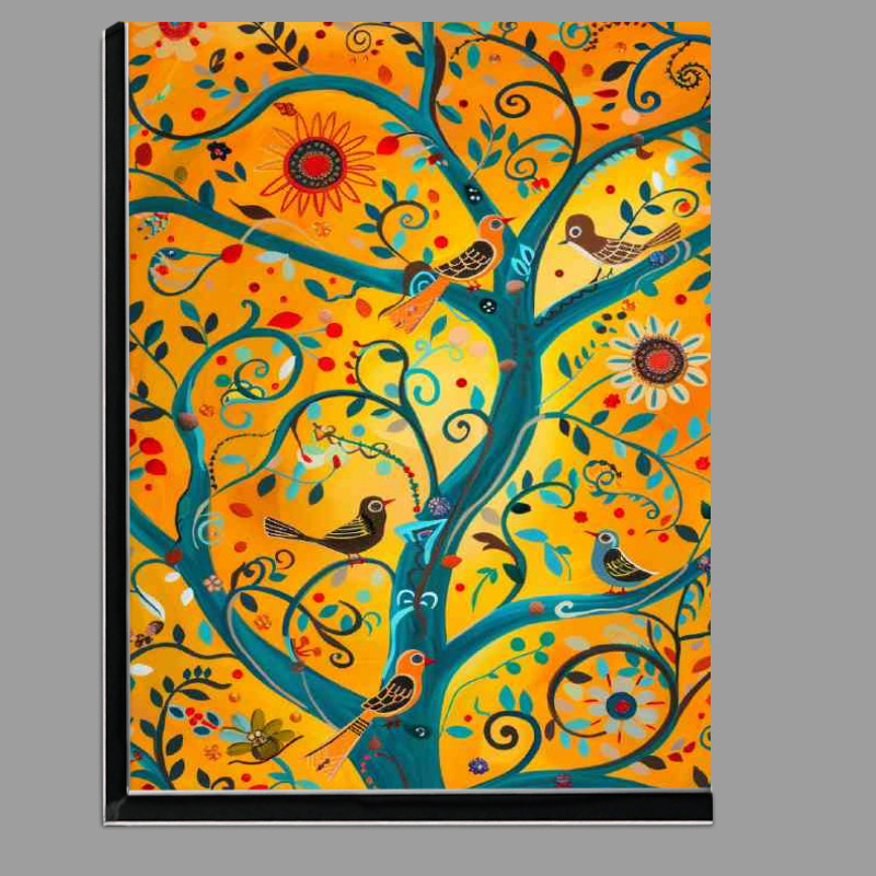 Buy Di-Bond : (Abstract whimsical folk art birds in tree orange blue)