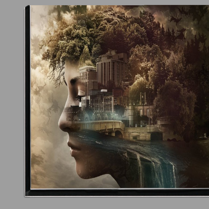 Buy Di-Bond : (Surrealistic of a woman s profile with her face as a cityscape)