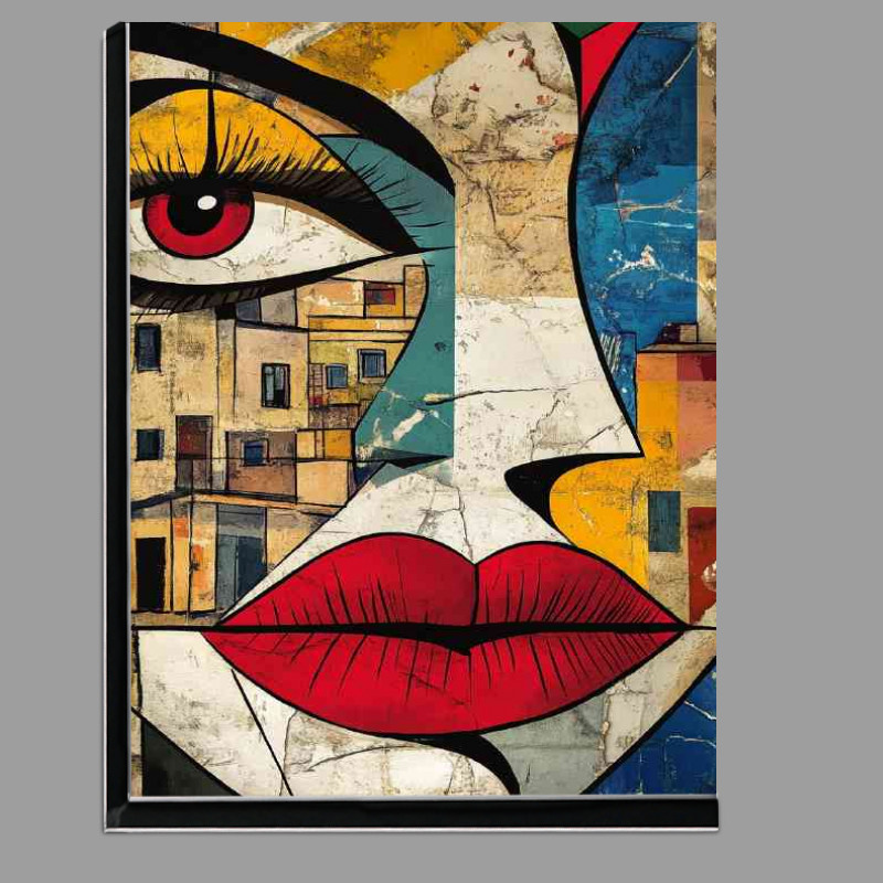 Buy Di-Bond : (Abstract art face woman with red lips city living)