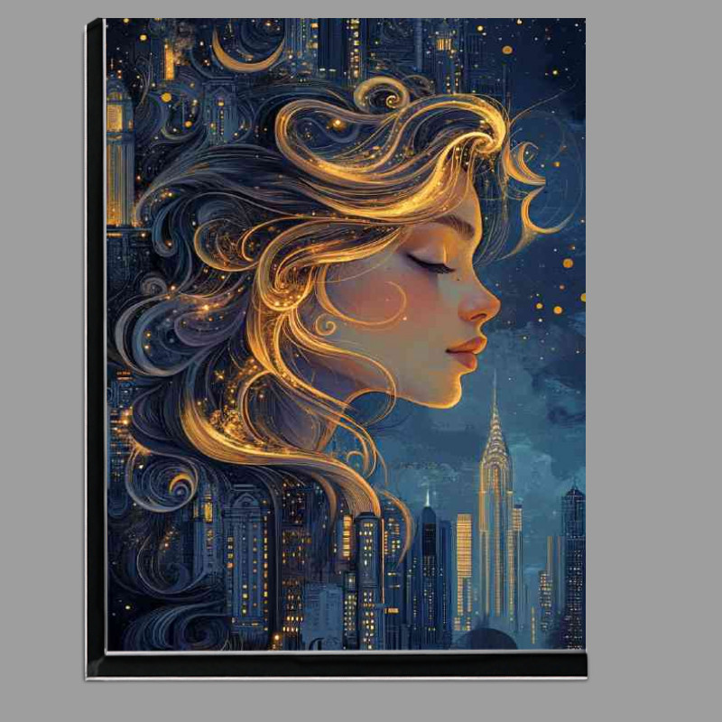 Buy Di-Bond : (Beautiful girl with flowing hair a cityscape)
