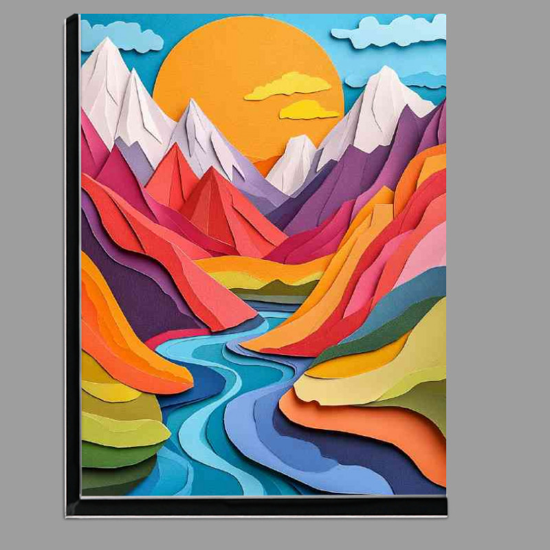 Buy Di-Bond : (Abstract illustration of mountains and a river with yellow sun)