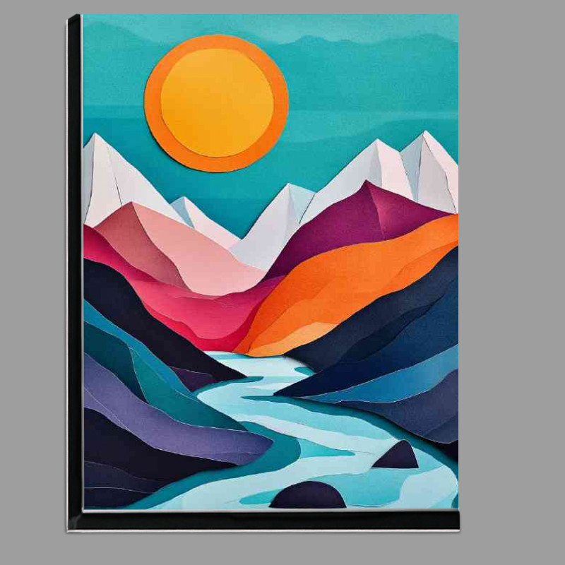 Buy Di-Bond : (Abstract illustration of mountains and a river with sun paper art style)