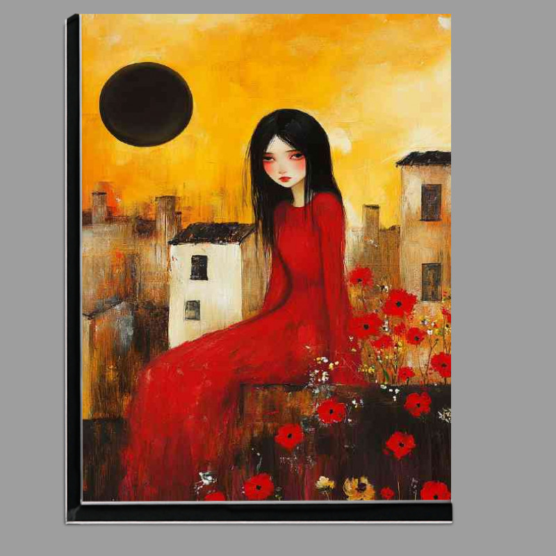 Buy Di-Bond : (Oil painting of a woman in a red dress sitting on a wall)