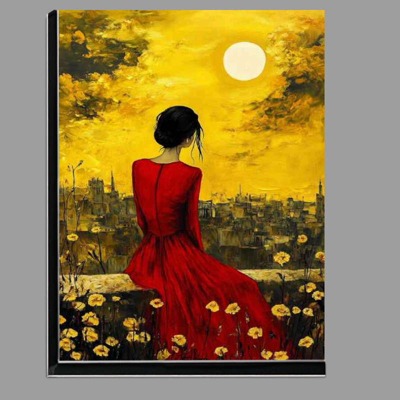 Buy Di-Bond : (Woman in a red dress sitting on a wall with flowers)