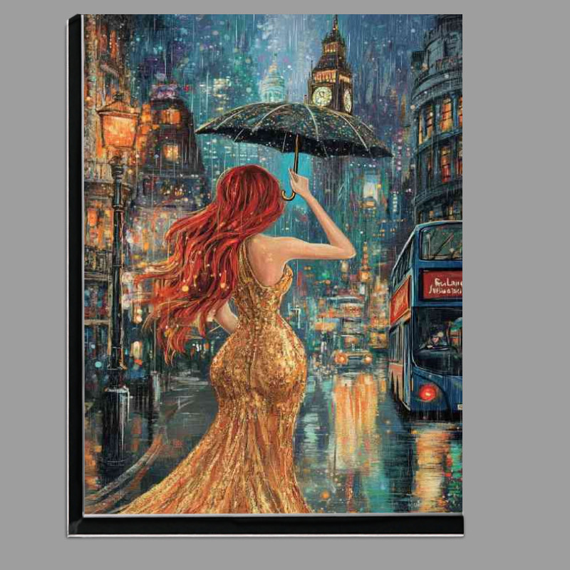 Buy Di-Bond : (Woman with long red hair in an elegant gold dress its raining)