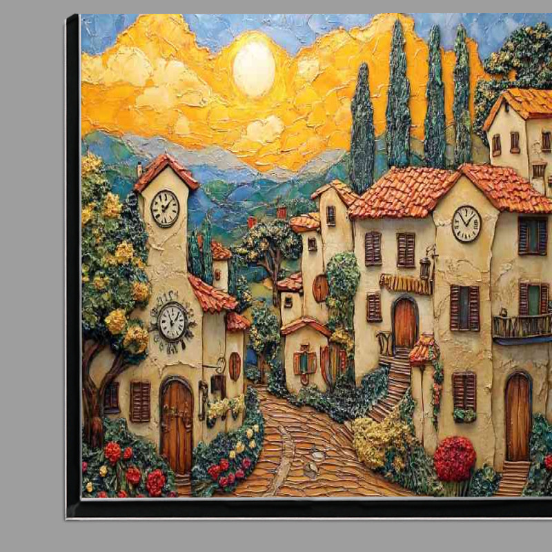 Buy Di-Bond : (Tuscan village houses with clocks on the walls sun in abstract style)