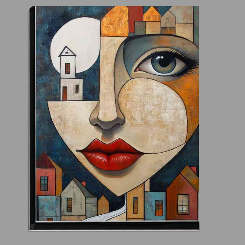 Buy Di-Bond : (Abstract cubist painting of face with houses and moon)