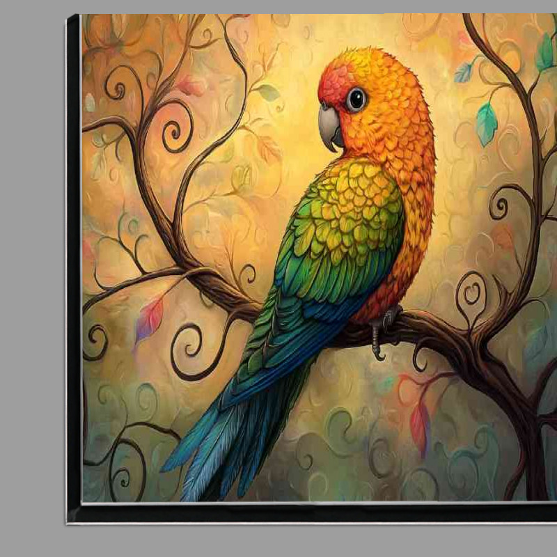 Buy Di-Bond : (Colorful parrot sitting on a tree branch with swirls)