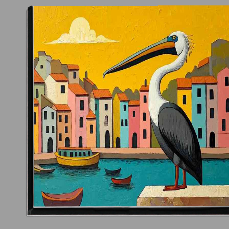 Buy Di-Bond : (Pelican perched on the edge of an old port with colour)