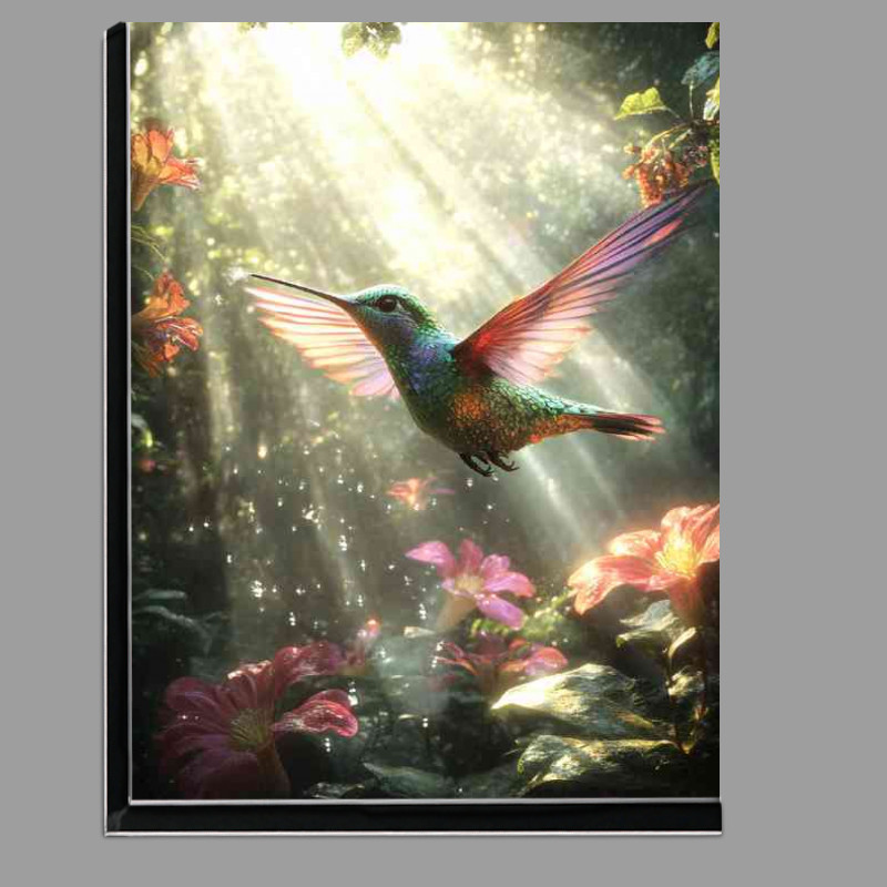 Buy Di-Bond : (A colorful hummingbird hovering near vibrant flowers)