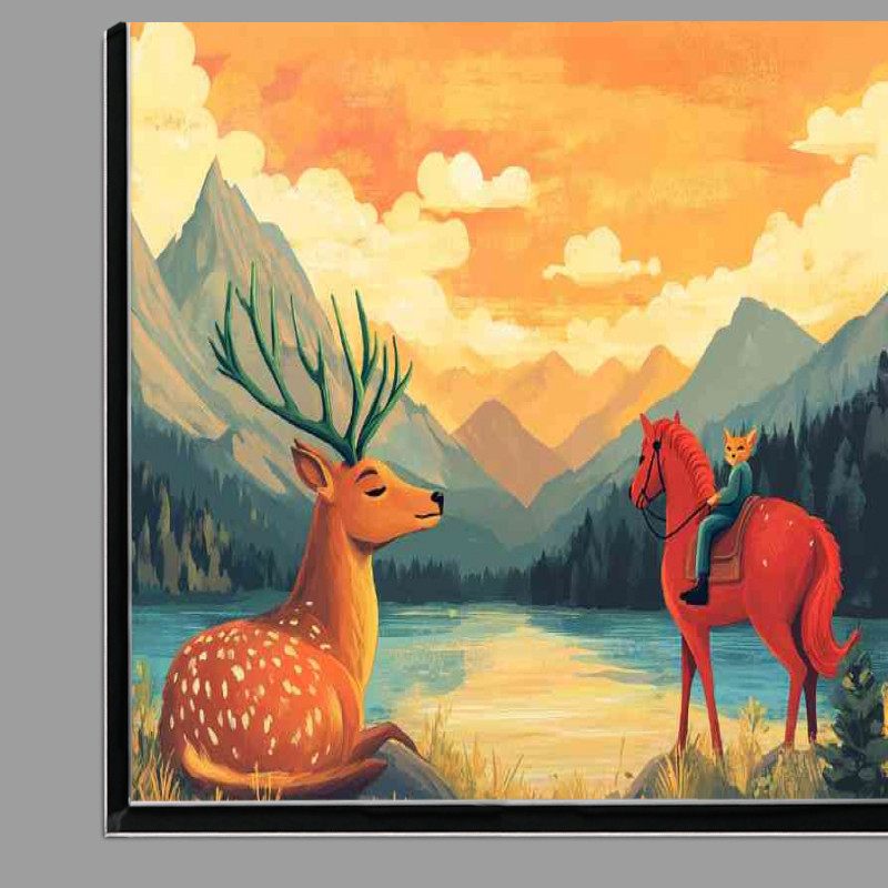 Buy Di-Bond : (Deer with green antlers resting by the lake)