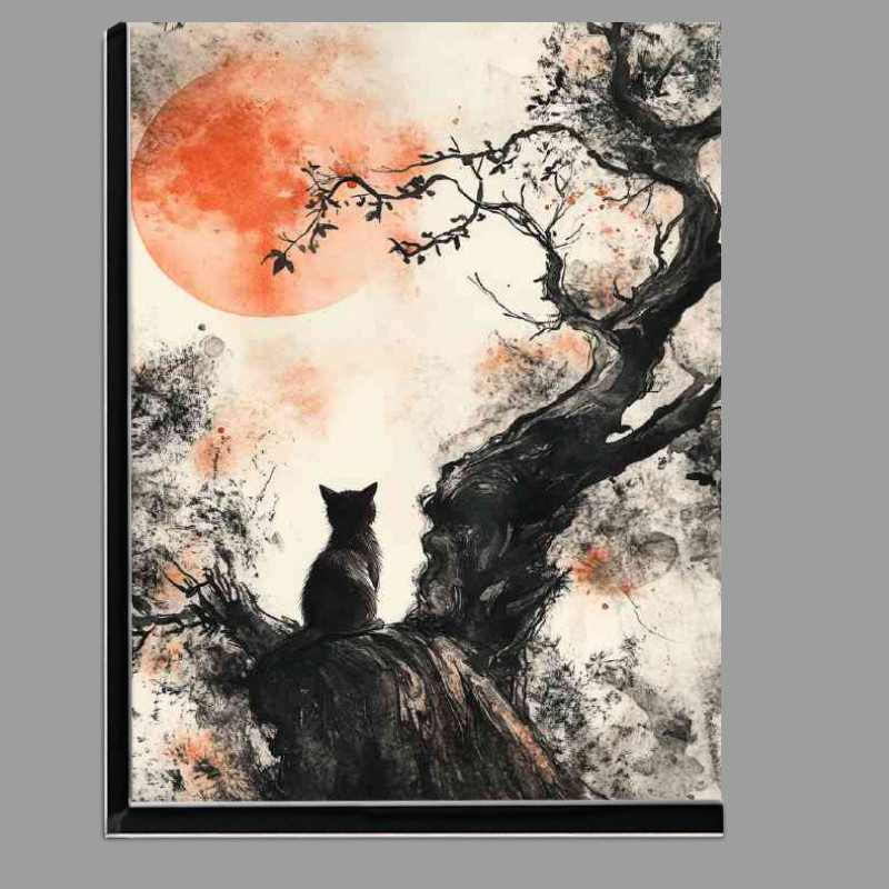 Buy Di-Bond : (A cat sits on the edge of an old tree gazing at a red moon)