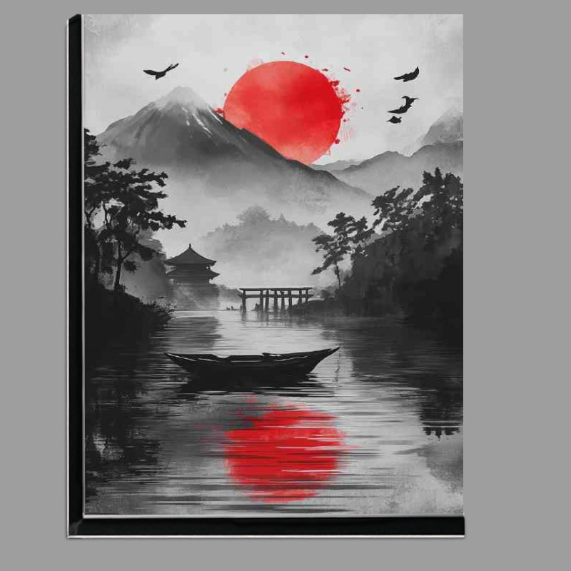 Buy Di-Bond : (Japanese Inked landscape with mountains boat and temple)