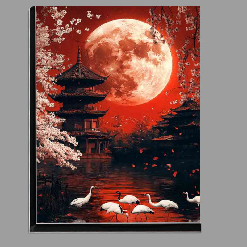 Buy Di-Bond : (Red moon Japanese pagoda in the background white cranes)