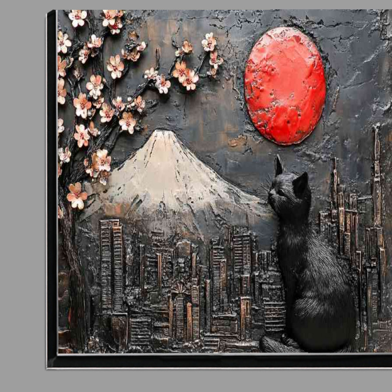 Buy Di-Bond : (A black cat sits on the wall with Mount Fuji in Japan)