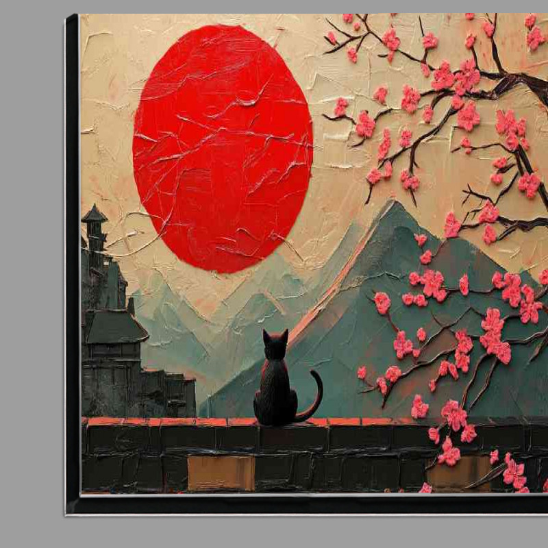 Buy Di-Bond : (Textured painting of the red sun a black cat japan)