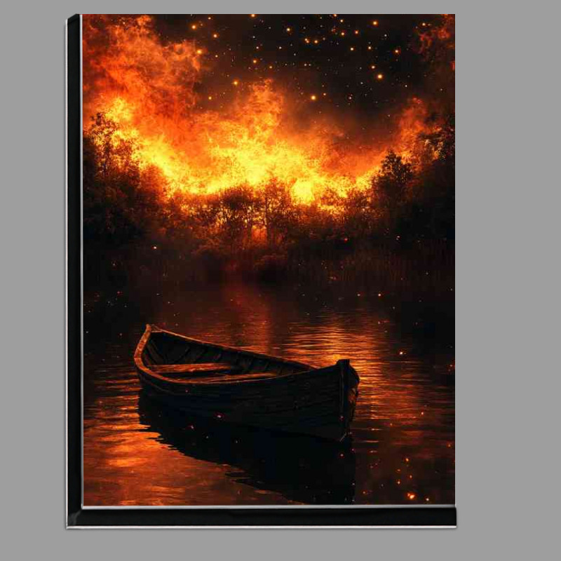 Buy Di-Bond : (Small wooden boat on the river the reflection of the burning fire)