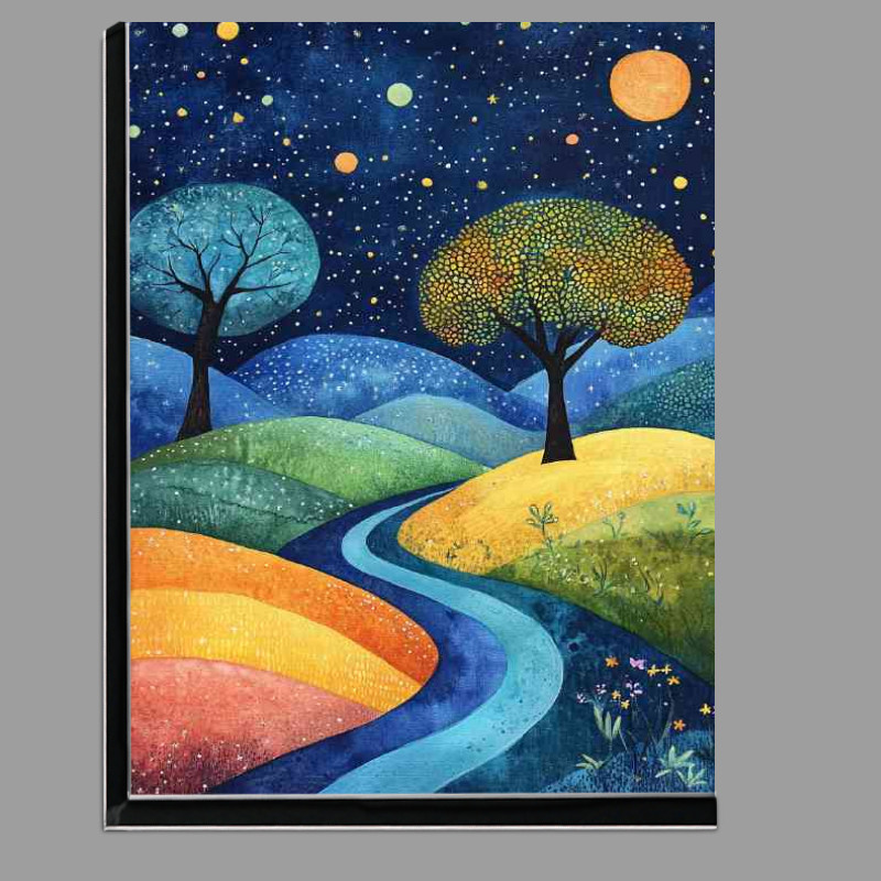 Buy Di-Bond : (Landscape painting with trees and hills at night)