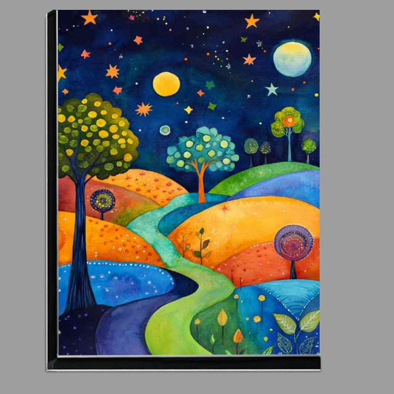 Buy Di-Bond : (Whimsical landscape painting with trees and hills at night)