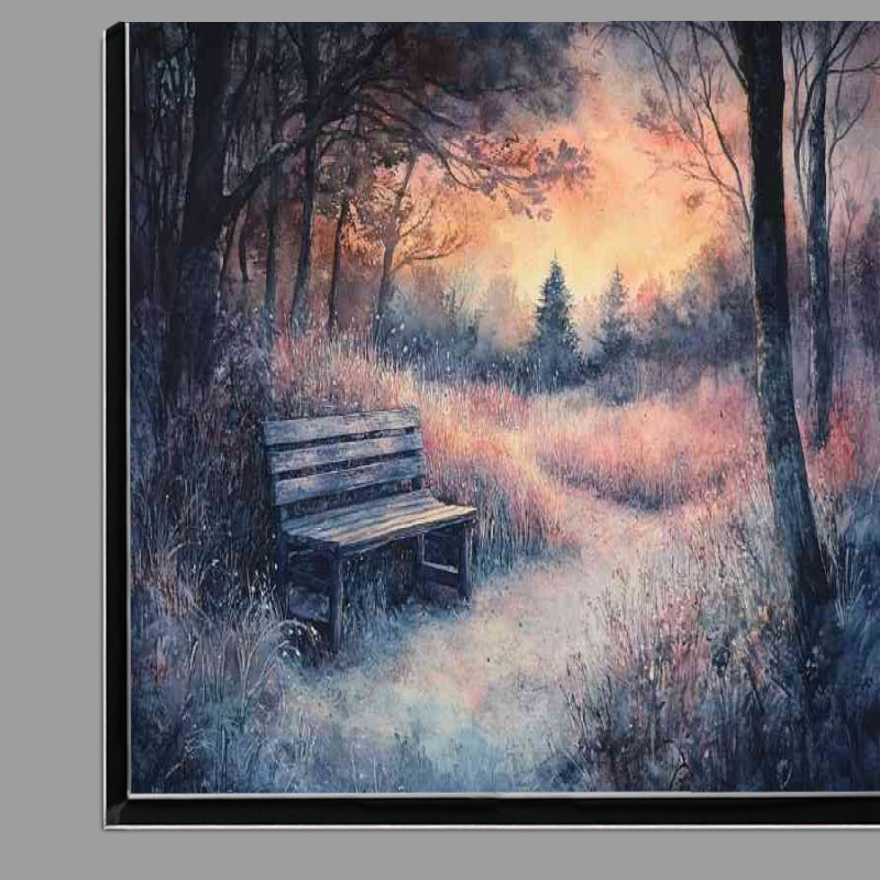 Buy Di-Bond : (Dreamy landscape with an old wooden bench surrounded woodland)
