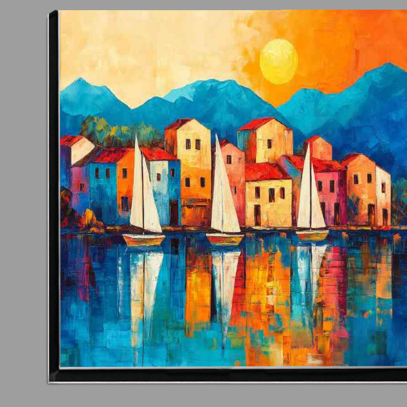 Buy Di-Bond : (Sailboats on the lake a small town in front of blue mountains)