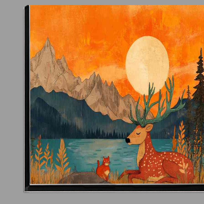 Buy Di-Bond : (A deer with green antlers resting by the lake setting sun)