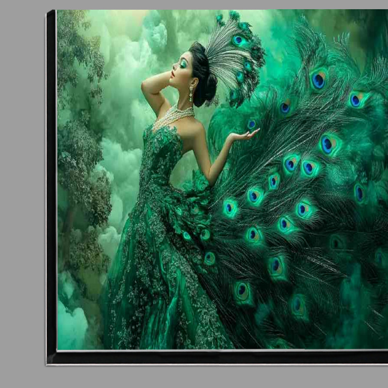 Buy Di-Bond : (Beautiful woman in an emerald dress with peacock feathers)