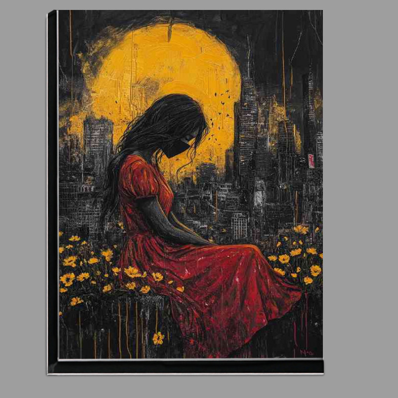 Buy Di-Bond : (Girl in a red dress sitting on a wall a painting)
