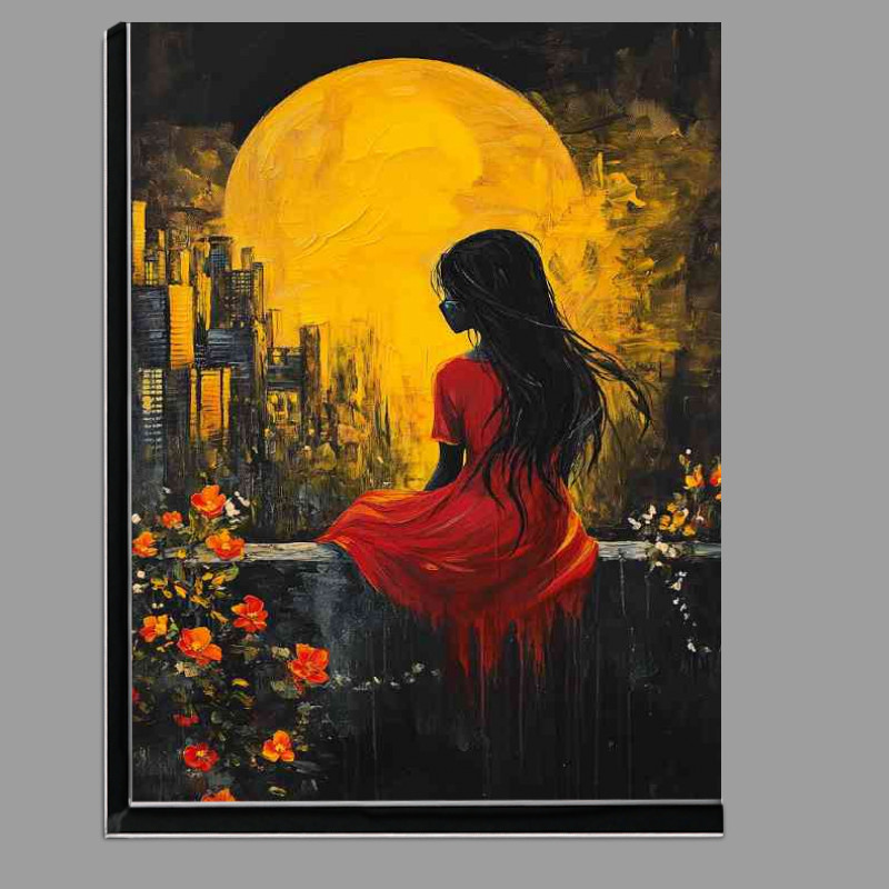 Buy Di-Bond : (Girl in a red dress sitting on a wall a painting yellow moon)