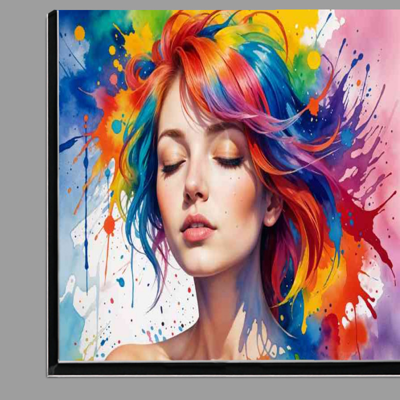 Buy Di-Bond : (Young woman with vibrant multicolored hair and closed eyes)