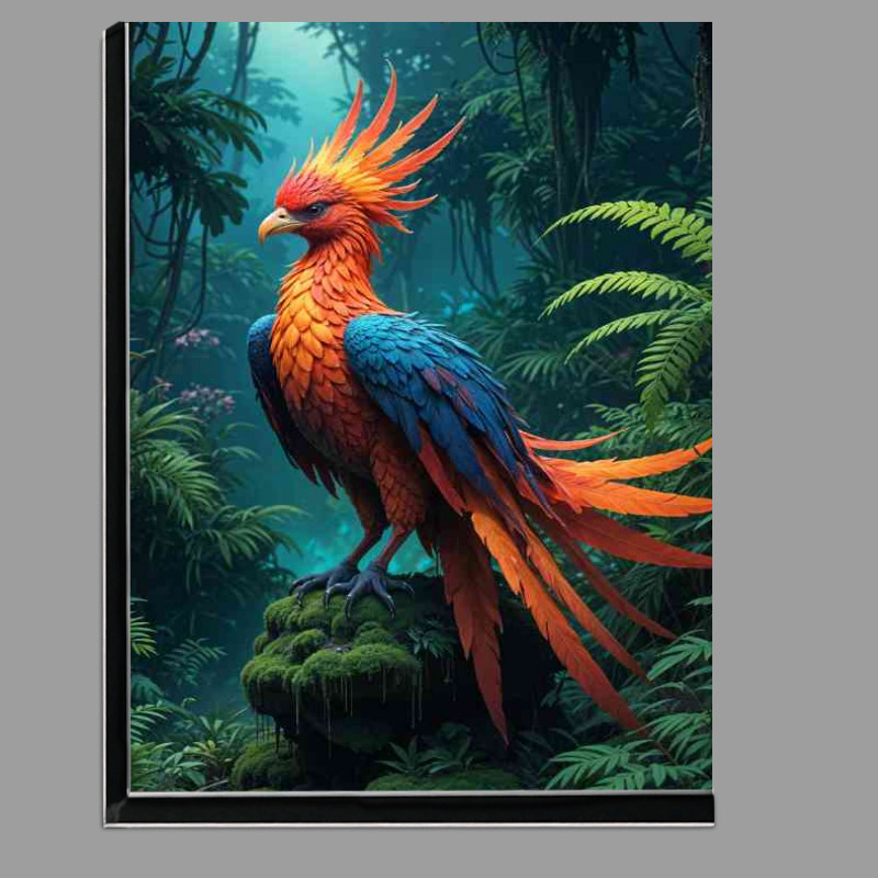 Buy Di-Bond : (Fantastical phoenix bird with vibrant feathers perched on a mossy rock)