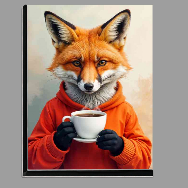 Buy Di-Bond : (Red fox having a cup of latte coffe with a abstract background)