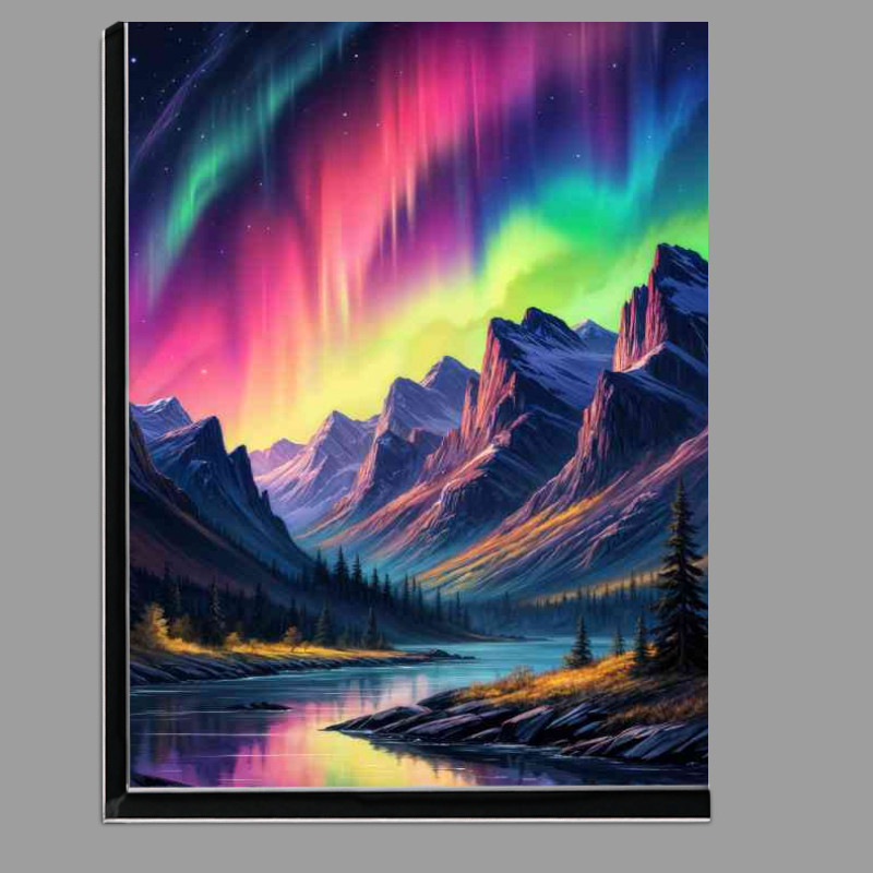 Buy Di-Bond : (Colorful aurora borealis in the mountains with a flowing river)